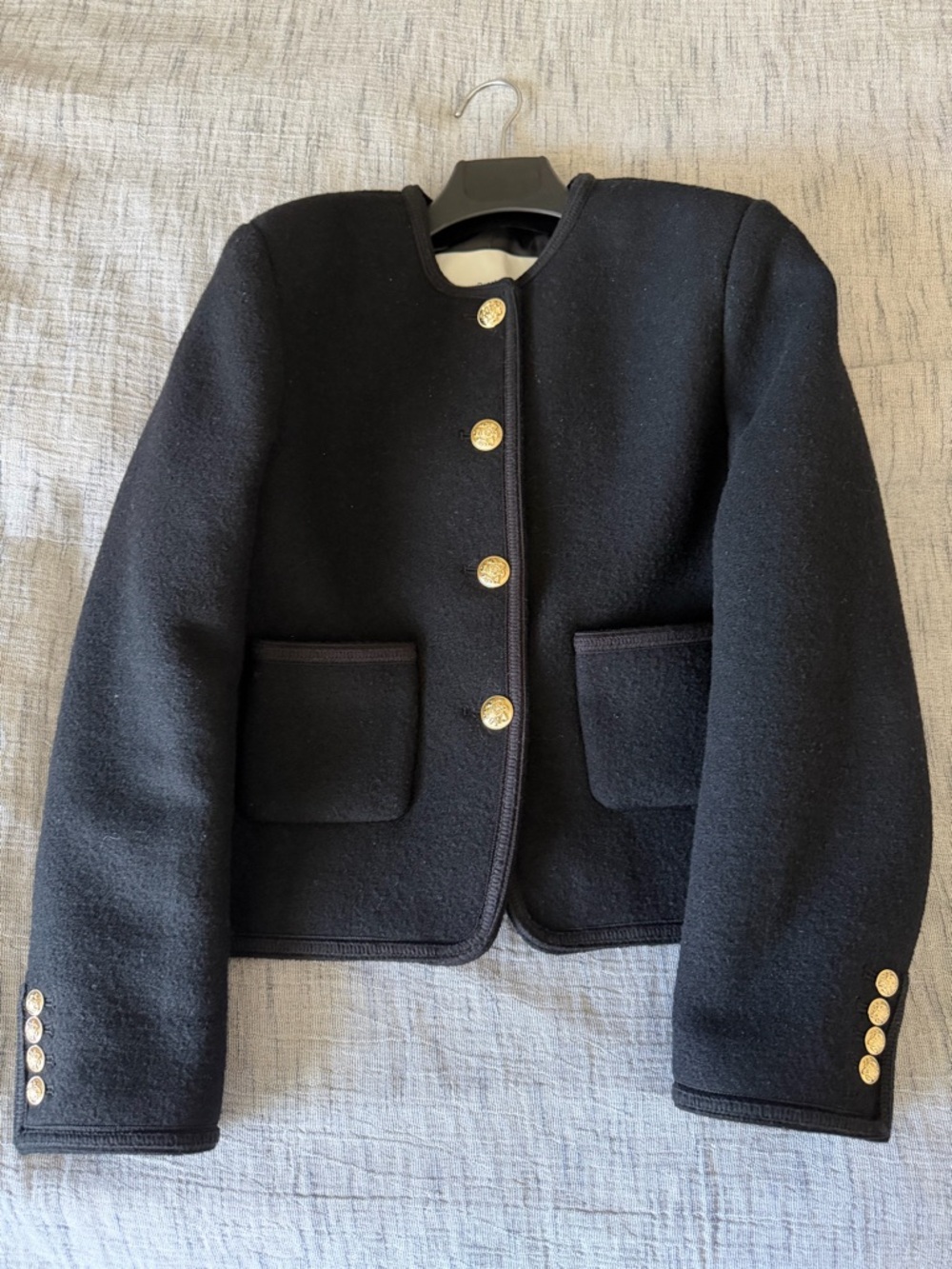 Black Cropped Wool-Blend Blazer with Gold Buttons